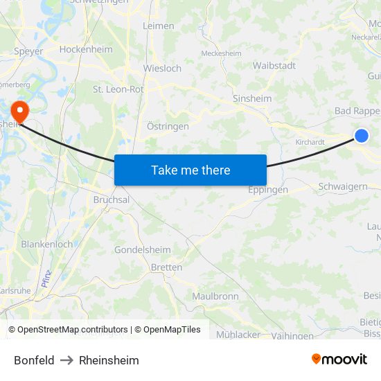 Bonfeld to Rheinsheim map