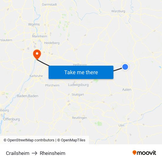 Crailsheim to Rheinsheim map