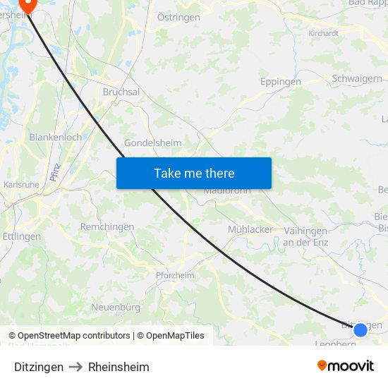 Ditzingen to Rheinsheim map