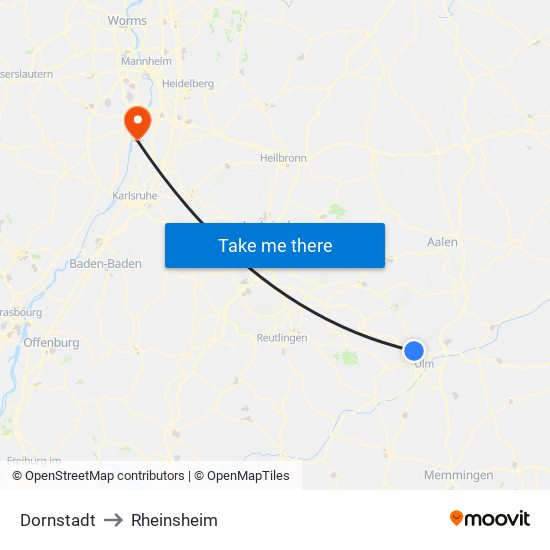 Dornstadt to Rheinsheim map