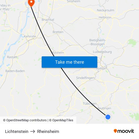 Lichtenstein to Rheinsheim map