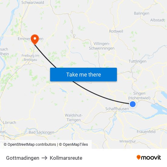 Gottmadingen to Kollmarsreute map