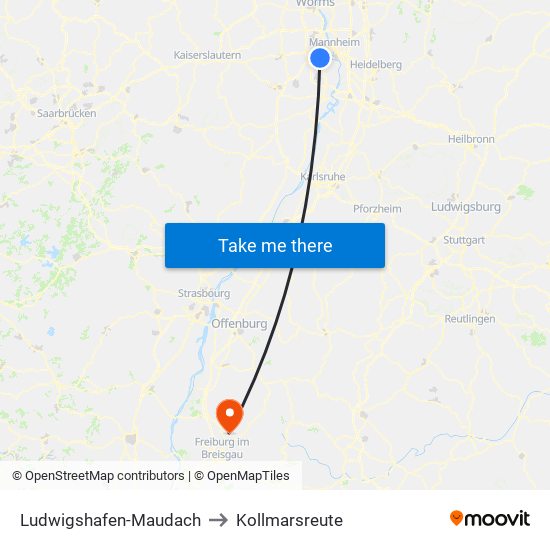 Ludwigshafen-Maudach to Kollmarsreute map