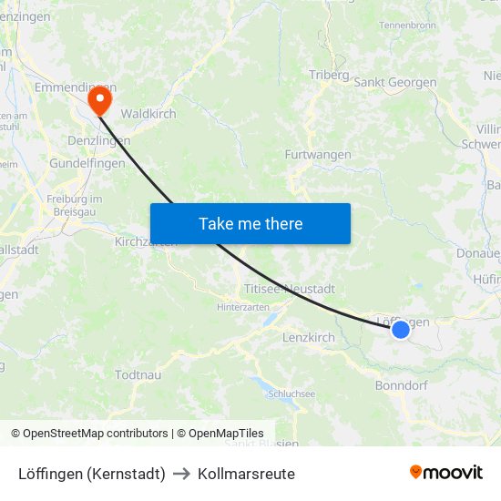 Löffingen (Kernstadt) to Kollmarsreute map