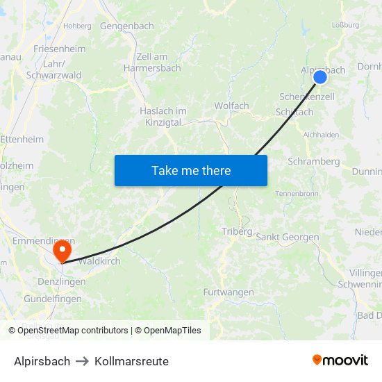 Alpirsbach to Kollmarsreute map