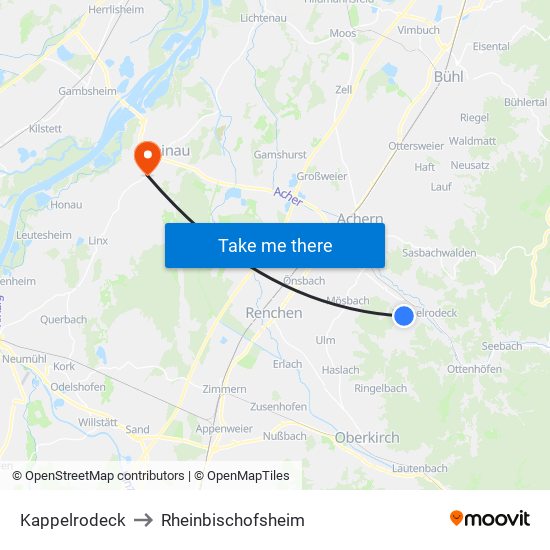 Kappelrodeck to Rheinbischofsheim map