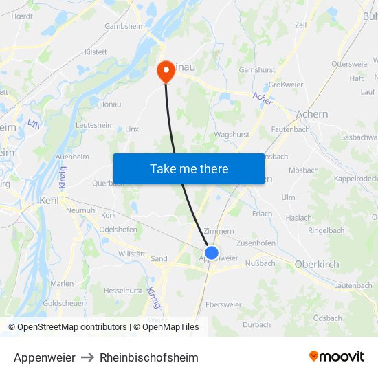 Appenweier to Rheinbischofsheim map