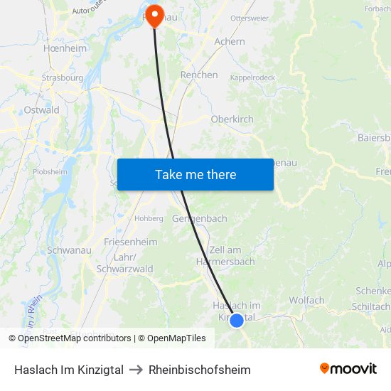 Haslach Im Kinzigtal to Rheinbischofsheim map
