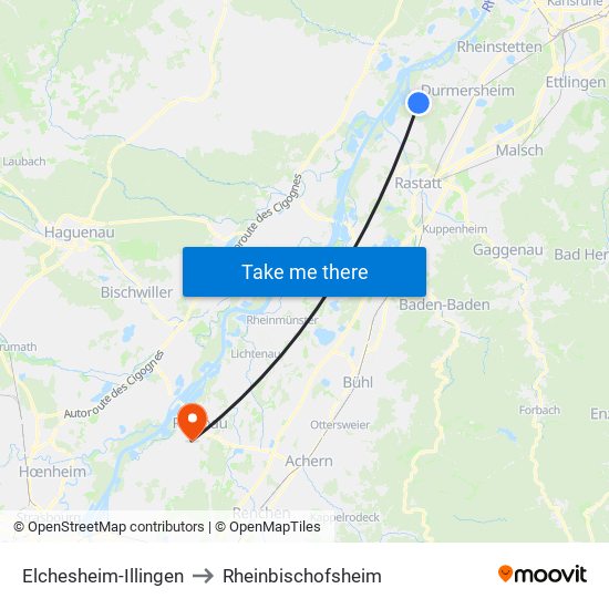 Elchesheim-Illingen to Rheinbischofsheim map