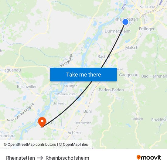 Rheinstetten to Rheinbischofsheim map