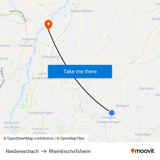 Niedereschach to Rheinbischofsheim map