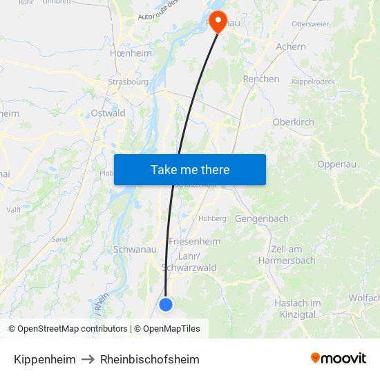 Kippenheim to Rheinbischofsheim map