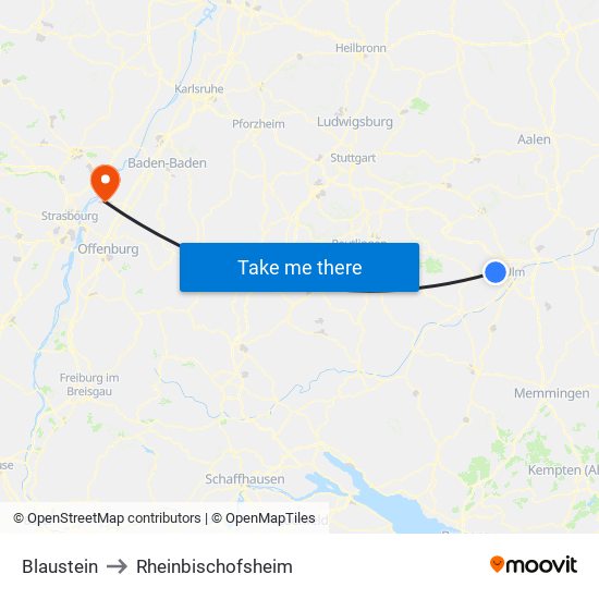 Blaustein to Rheinbischofsheim map