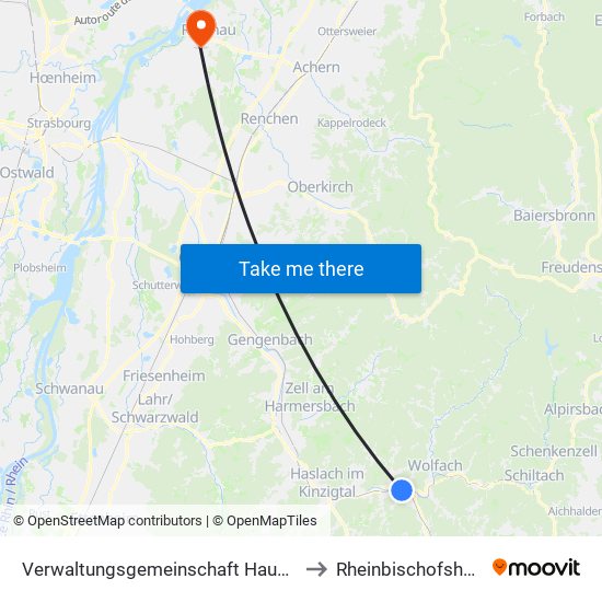 Verwaltungsgemeinschaft Hausach to Rheinbischofsheim map