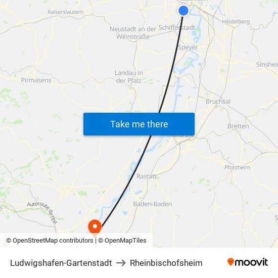 Ludwigshafen-Gartenstadt to Rheinbischofsheim map