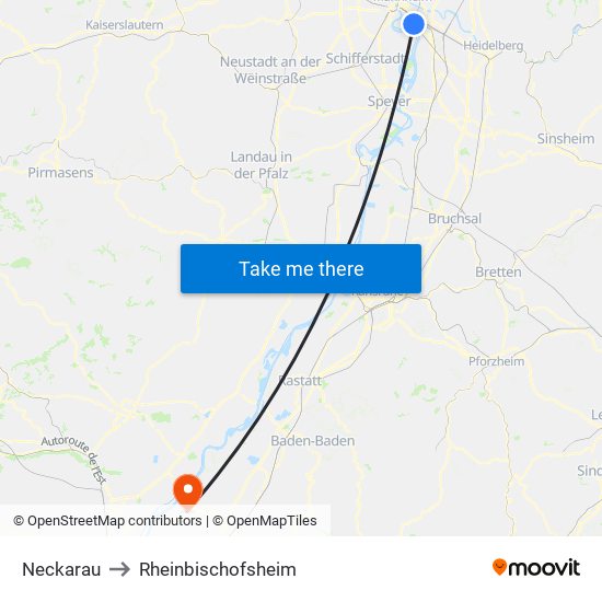 Neckarau to Rheinbischofsheim map