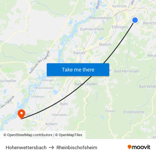 Hohenwettersbach to Rheinbischofsheim map