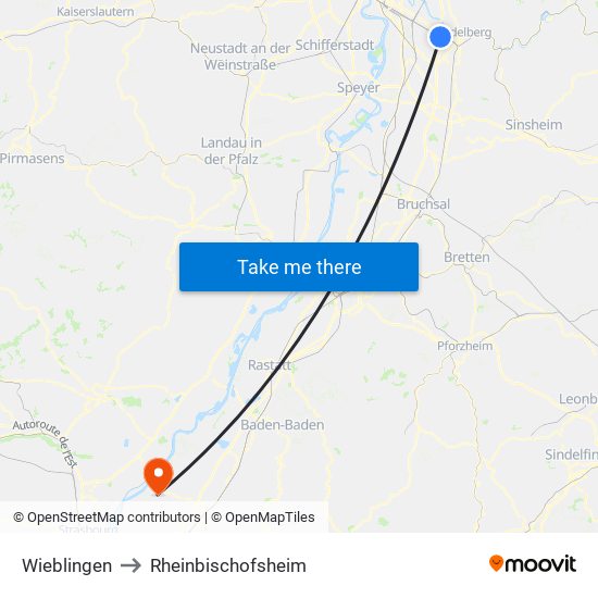 Wieblingen to Rheinbischofsheim map