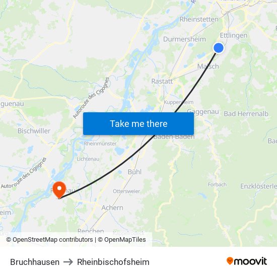 Bruchhausen to Rheinbischofsheim map