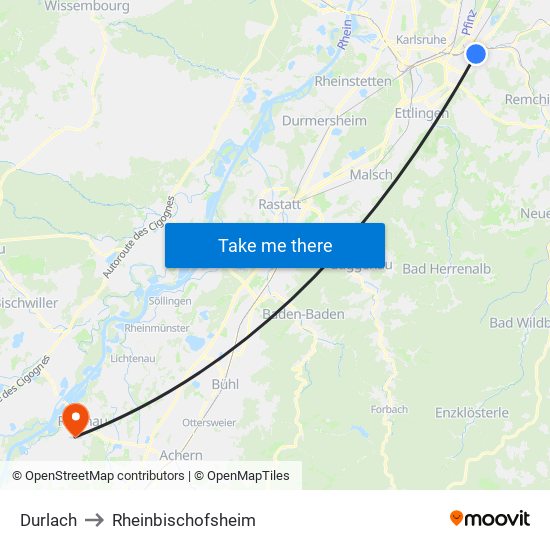 Durlach to Rheinbischofsheim map