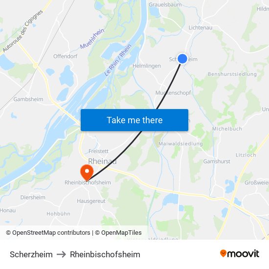 Scherzheim to Rheinbischofsheim map