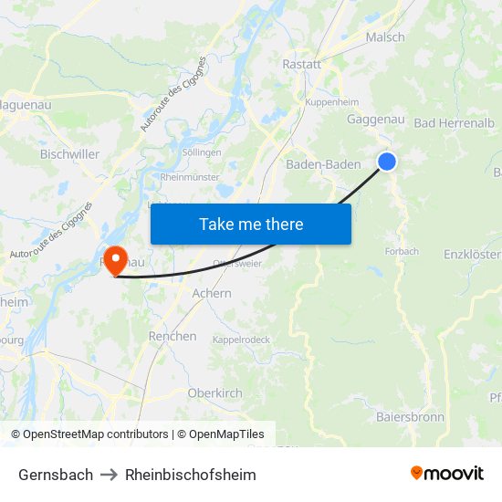 Gernsbach to Rheinbischofsheim map