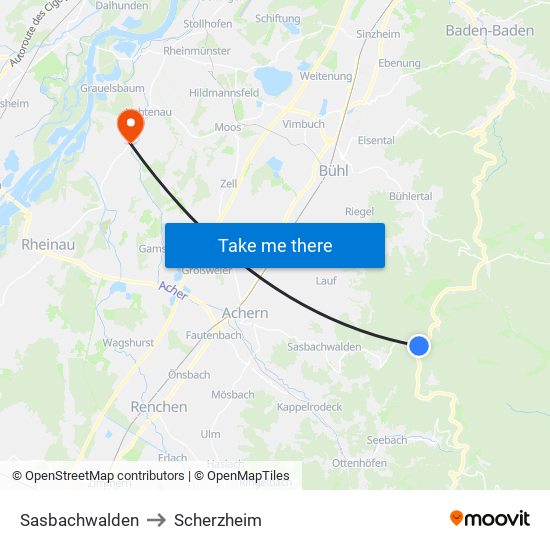 Sasbachwalden to Scherzheim map