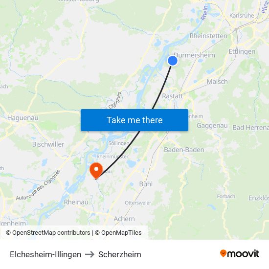 Elchesheim-Illingen to Scherzheim map