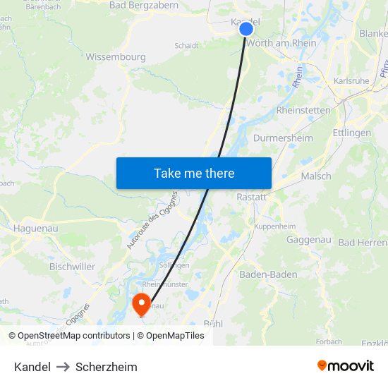 Kandel to Scherzheim map
