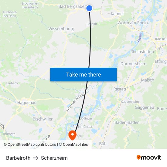 Barbelroth to Scherzheim map