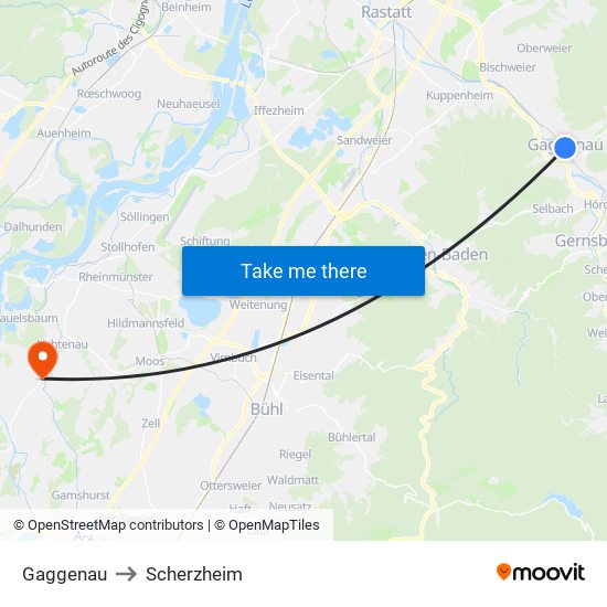 Gaggenau to Scherzheim map