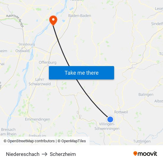 Niedereschach to Scherzheim map