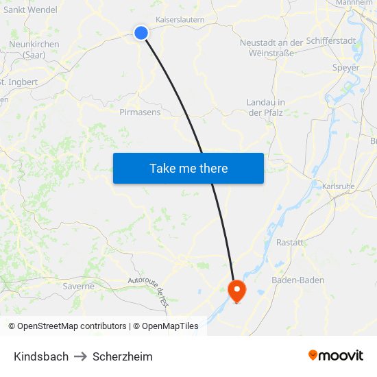 Kindsbach to Scherzheim map