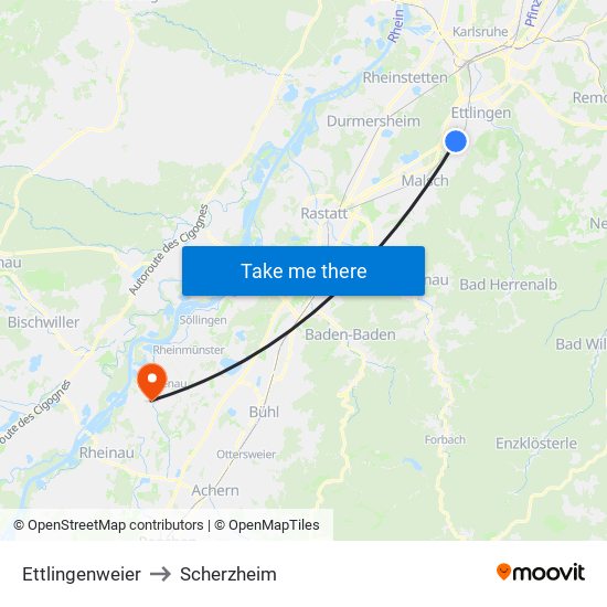 Ettlingenweier to Scherzheim map