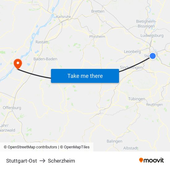 Stuttgart-Ost to Scherzheim map