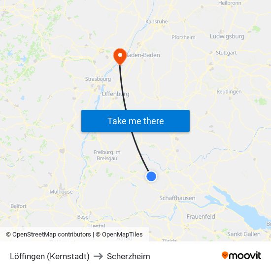 Löffingen (Kernstadt) to Scherzheim map