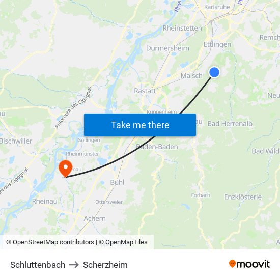 Schluttenbach to Scherzheim map