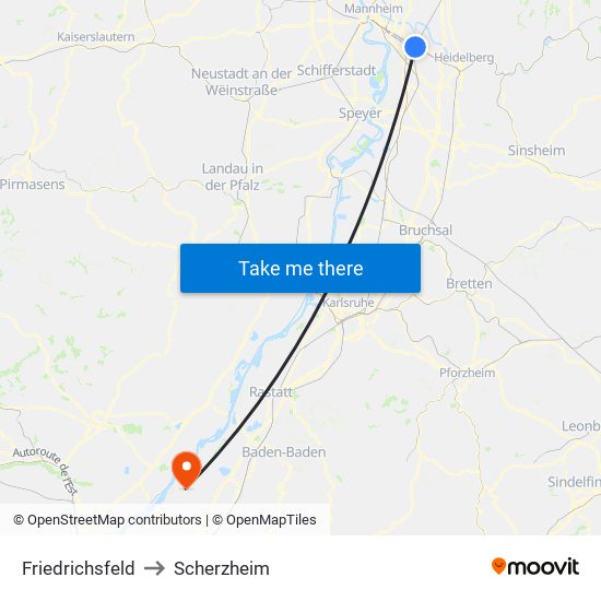 Friedrichsfeld to Scherzheim map