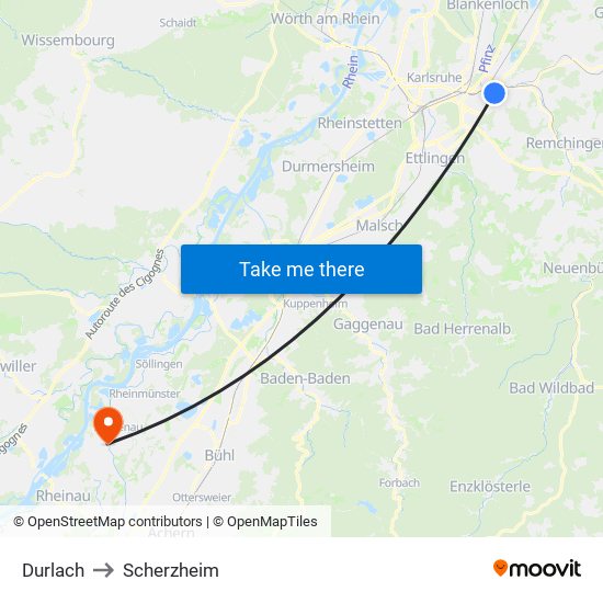 Durlach to Scherzheim map