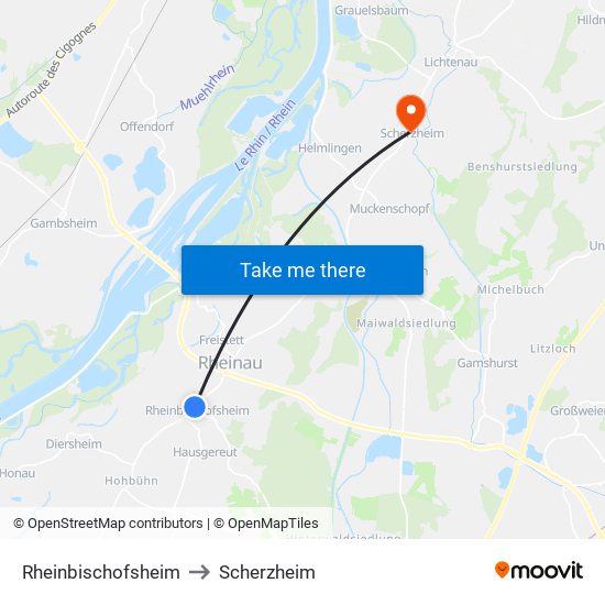 Rheinbischofsheim to Scherzheim map