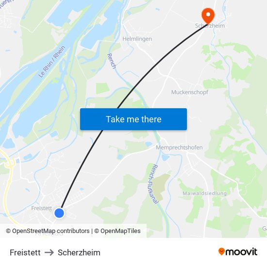 Freistett to Scherzheim map