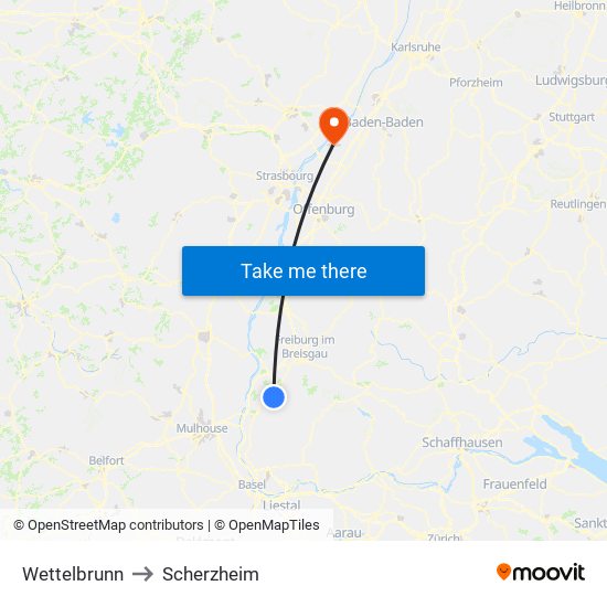 Wettelbrunn to Scherzheim map