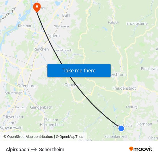 Alpirsbach to Scherzheim map