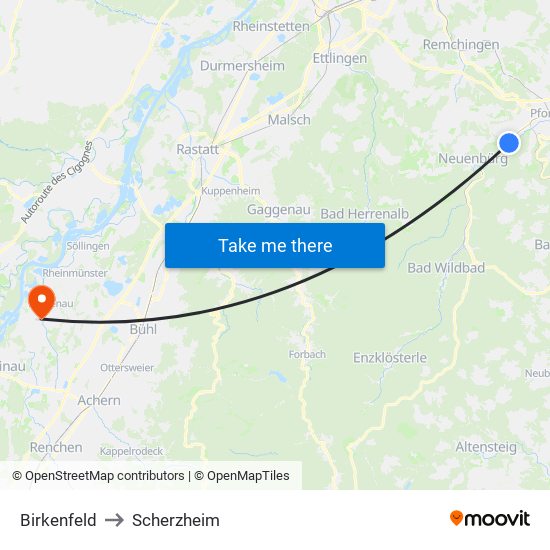 Birkenfeld to Scherzheim map