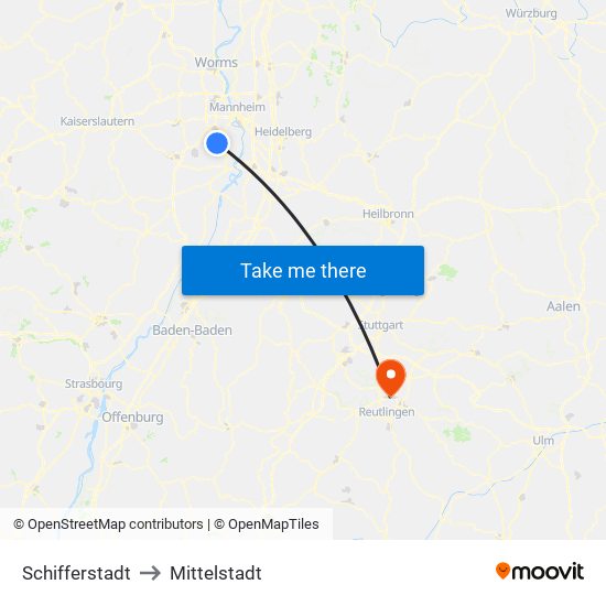 Schifferstadt to Mittelstadt map