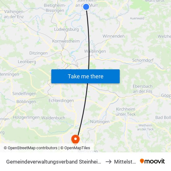 Gemeindeverwaltungsverband Steinheim-Murr to Mittelstadt map