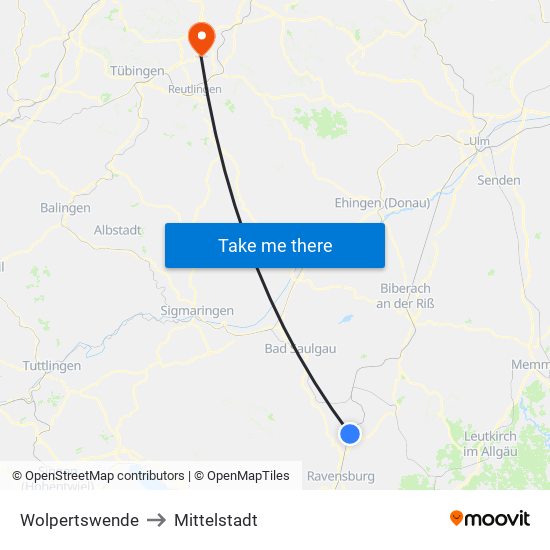 Wolpertswende to Mittelstadt map