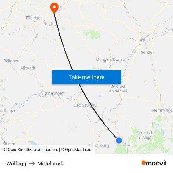 Wolfegg to Mittelstadt map