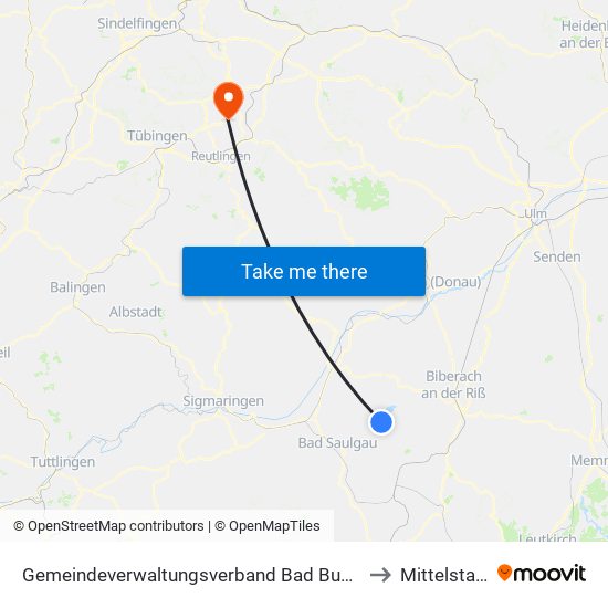 Gemeindeverwaltungsverband Bad Buchau to Mittelstadt map