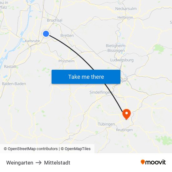 Weingarten to Mittelstadt map